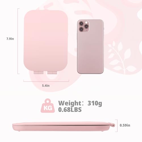 Portable Rechargeable Makeup Mirror with 3 LED Colors - 7.9x5.4 inch, Pink
