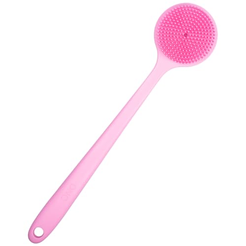 DNC Pink Silicone Back Scrubber with Long Handle - Soft Shower Body Brush