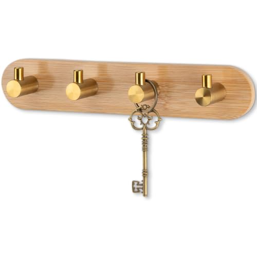Nekon Bamboo Key Holder with Gold Hooks - Self-Adhesive Wall Organizer