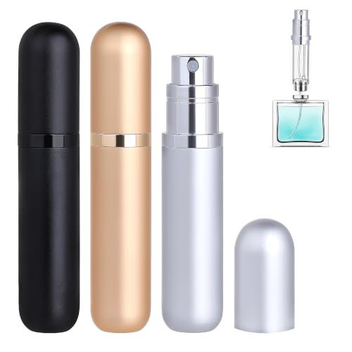 Qavhun 3-Pack Travel Refillable Perfume Atomizer Bottles - Black, Gold & Silver