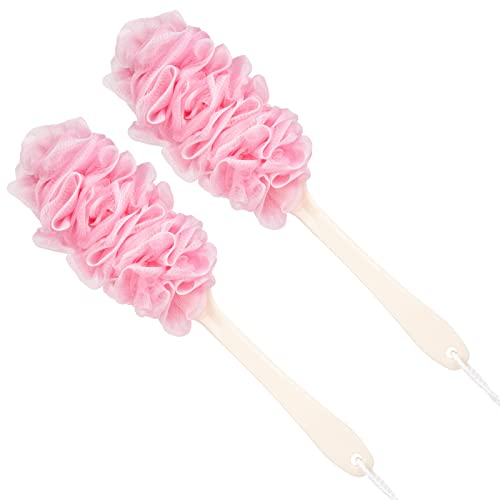 Arswin 2 Pack Pink Long Handle Loofah Back Scrubber for Shower, Soft Nylon Mesh Bath Brush for Women & Men