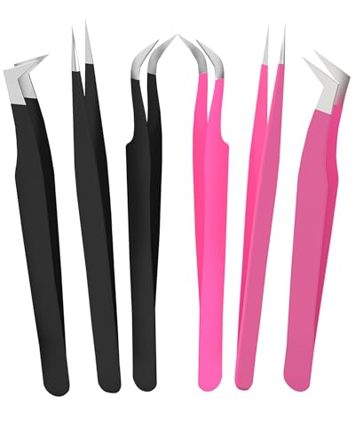 SIVOTE Black & Pink Lash Tweezers Set - 6 Pack for Volume & Isolation