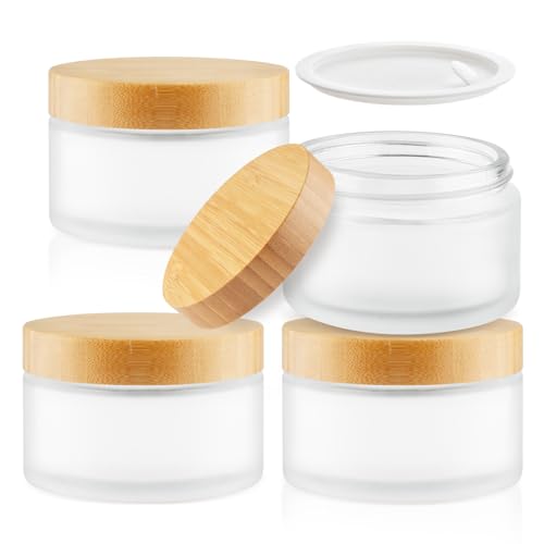 Mirrline Frosted Glass Cosmetic Containers 4 Pcs 200g with Bamboo Lids