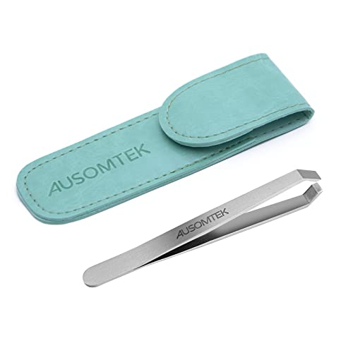 Ausomtek Stainless Steel Beard Tweezers with 5mm Tip - Precision Hair Removal Tool in Cyan Case