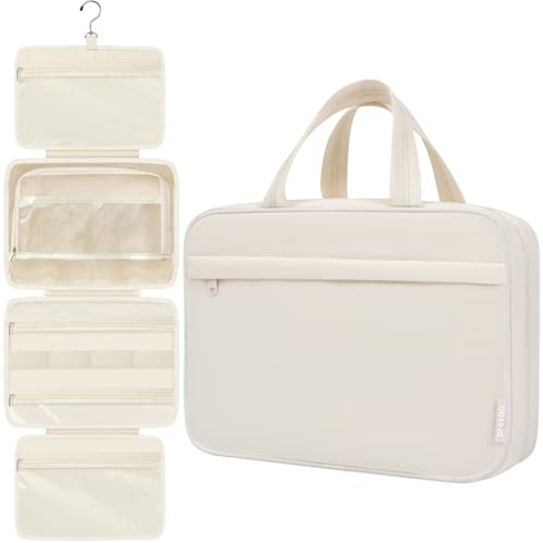 Prezon Portable Hanging Toiletry Bag for Women - 4 Leakproof Compartments, Beige