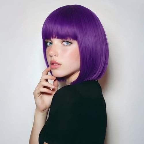 12 Inch Dark Purple Bob Wig with Bangs - Synthetic, Heat Resistant
