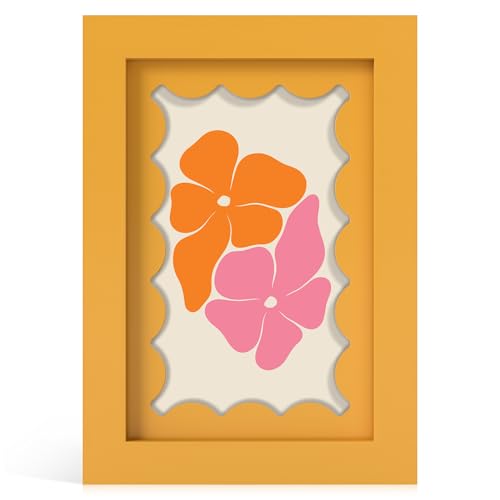 4x6 Yellow Wooden Picture Frame with Real Glass and Wavy Mat