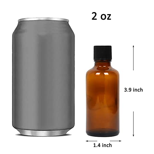 2 Ounce Amber Glass Bottles with Black Lids - 16 Pack for Essential Oils & More