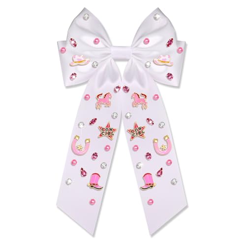 Mokkia Pattern C Western Cowgirl Hair Bows with Charms & Jewels - Pink Rodeo Accessories