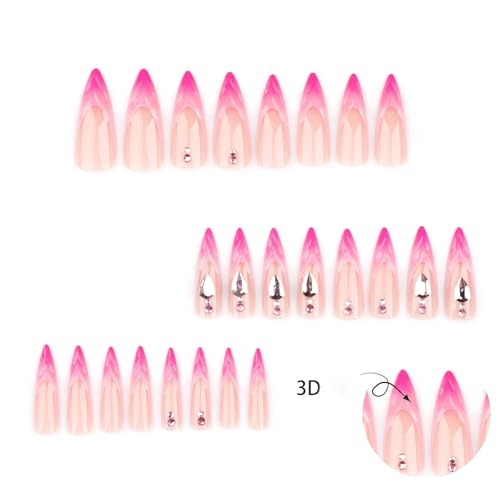 RUOKEXIN Long Stiletto Press On Nails 24Pcs French Tip Ombre with Rhinestones 3D Glossy Extra Long New Long Style 40