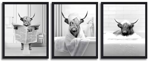 Funny Highland Cow Wall Art Set of 3 - Rustic Bathroom Decor