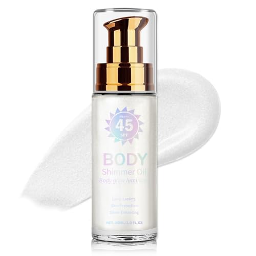 Body Glow Oil with SPF 45 - Shimmer Sunscreen for Radiant Skin, Diamond Platinum