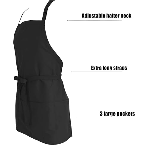 Adjustable Black Chef Apron with 3 Pockets for Women