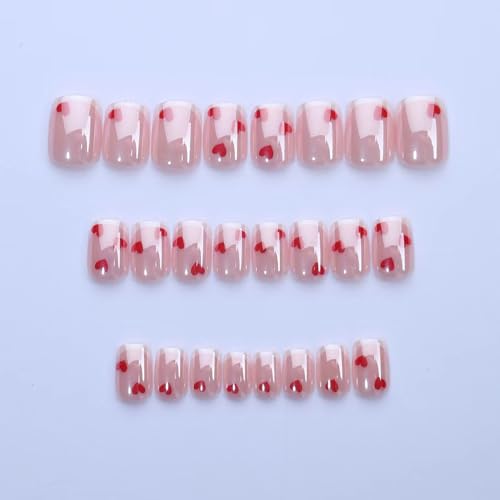 Valentine's Short Square Chrome Fake Nails with Heart Designs - 24Pcs Style 3