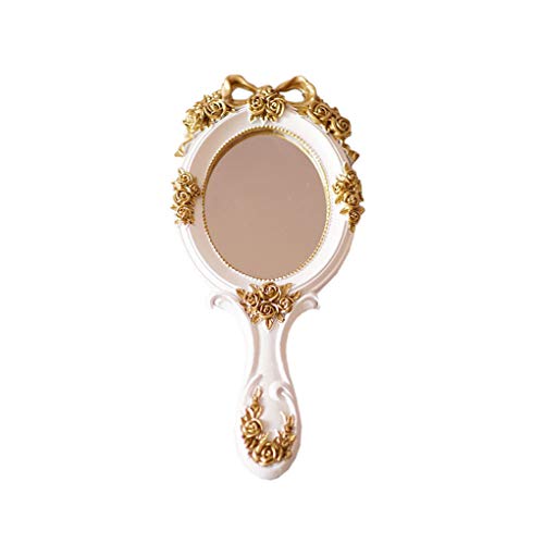 White Vintage Handheld Makeup Mirror - Rose Gold Compact Design