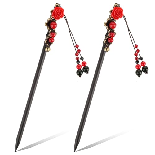 2 Pack Retro Chinese Hair Sticks with Red Flower Design