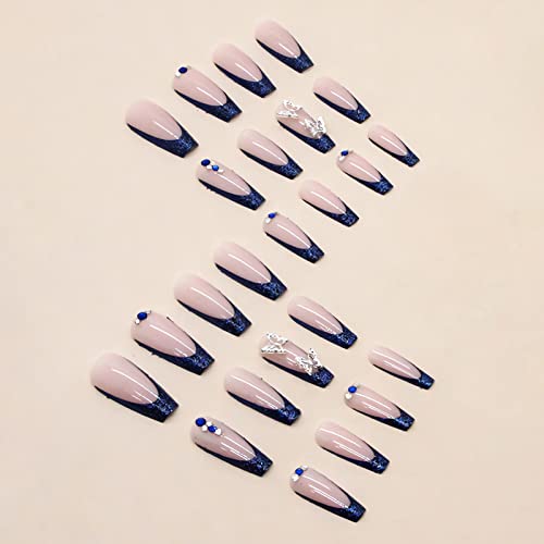 IMSOHOT Long Press-On Nails Coffin French Tip Blue Butterfly Rhinestones 60B-001 24pcs