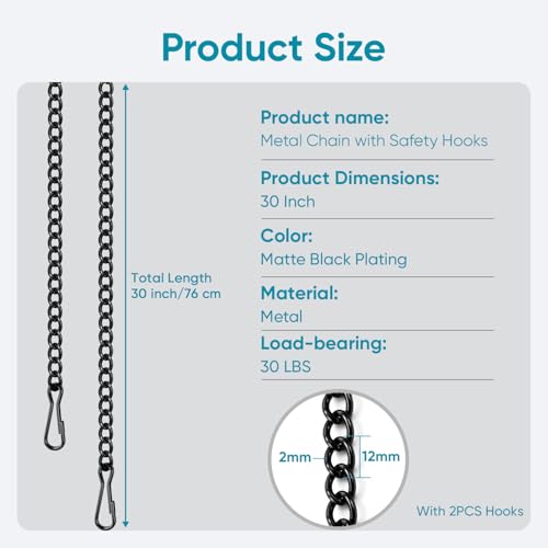 30-Inch Black Metal Chain with Safety Hooks for Hanging