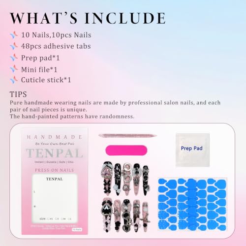 TENPAL BP2 S Long Stiletto Press-On Nails Black Pink Chain & Handcuff Decor