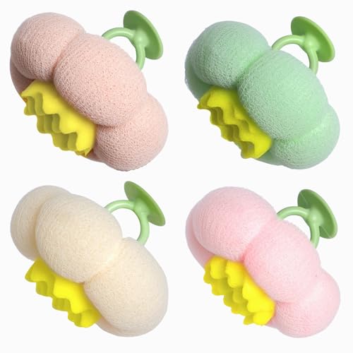 YUMMIS 4Pcs Soft Flower-Shaped Bath Sponges with Suction & Hooks - White, Pink, Green, Light Pink