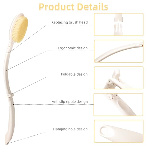 LFJ 19" Foldable Long Handle Bath Brush Set with 3 Interchangeable Heads
