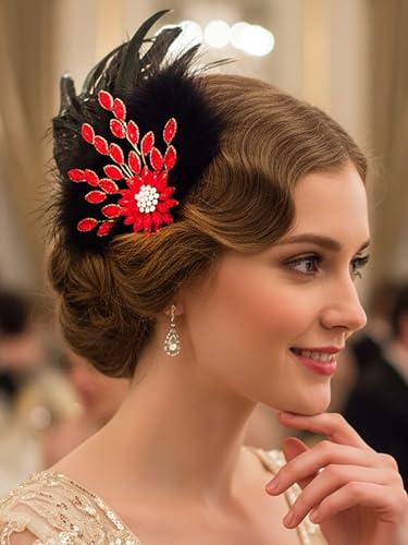 1920s Black Feather Fascinator with Red Crystal Flower for Formal Evening Events