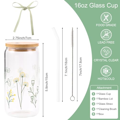 Floral Glass Cup with Lid and Straw - 16oz Aesthetic Tumbler