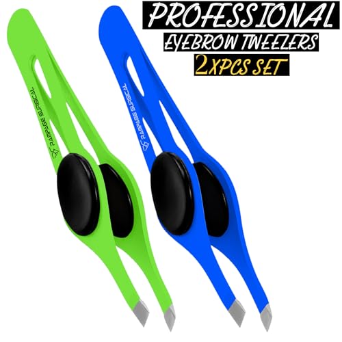 Professional Slant Tip Eyebrow Tweezers Set - Stainless Steel, Non-Slip Grip