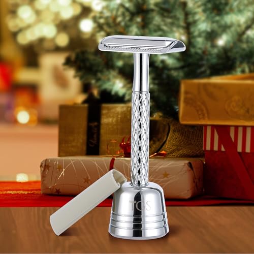 THE GROOMING SOCIETY Double Edge Safety Razor Set - Silver with Stand