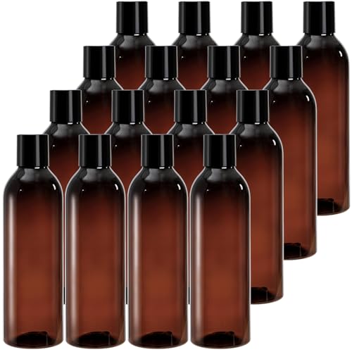 Bekith 16 Pack 8oz Amber Plastic Bottles with Disc Top Caps