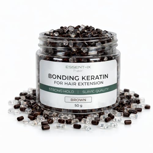 PURE KERATIN BEADS FOR HAIR EXTENSIONS, HIGH-MELTING ITALIAN FORMULA, SLAVIC PREMIUM QUALITY, NO FILLERS, ECONOMICAL USE, ALSO IDEAL FOR RE-TIPPING & BOND REPAIR (BROWN+CLEAR, 50G)