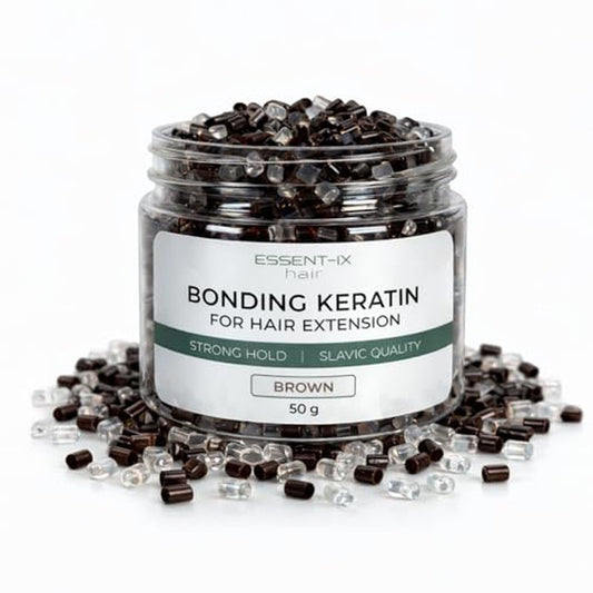 PURE KERATIN BEADS FOR HAIR EXTENSIONS, HIGH-MELTING ITALIAN FORMULA, SLAVIC PREMIUM QUALITY, NO FILLERS, ECONOMICAL USE, ALSO IDEAL FOR RE-TIPPING & BOND REPAIR (BROWN+CLEAR, 50G)