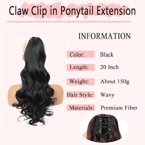 HEVAYO KISS Black 20 Inch Curly Wavy Ponytail Extension for Long Hair 1B