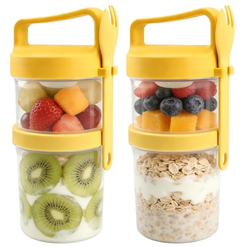Overnight Oats Containers - 2 Pack with Lids & Spoons, 31 oz Dual-Layer Yogurt Cups