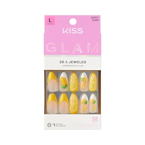 KISS Glam Long Cherish the Moment Press On Nails with Nail Glue – Yellow, Almond Shape, 32 Nails + Tools