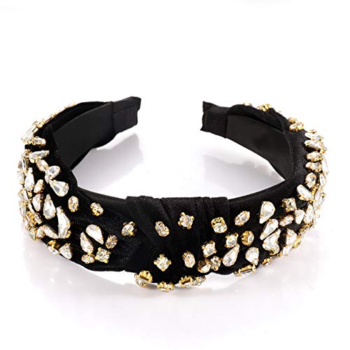 CENAPOG Black Rhinestone Knotted Velvet Headband for Women and Girls