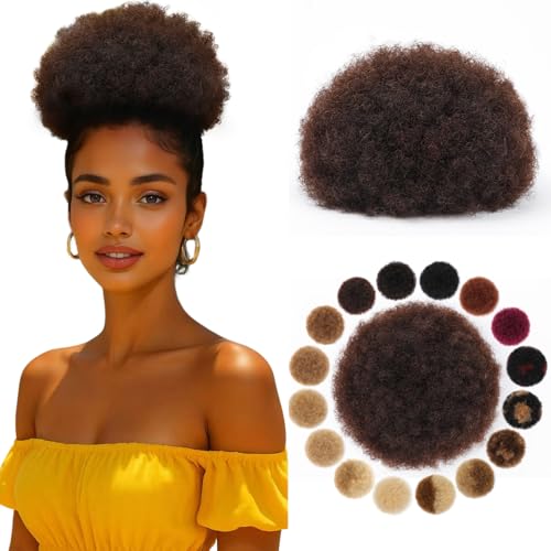 KISANOF Afro Puff Drawstring Ponytail #02 Dark Brown 6 Inch Kinky Curly Human Hair Extension
