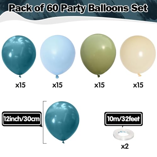 60 Pcs Boho Sage Green & Blue 12 Inch Balloons for Parties