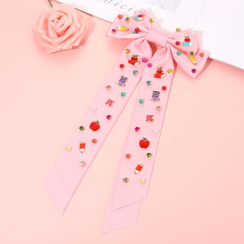 NVENF Pattern E Teacher Hair Bows for Women with Rhinestones – Pencil & Book Charms, Large 9.8-11.8in