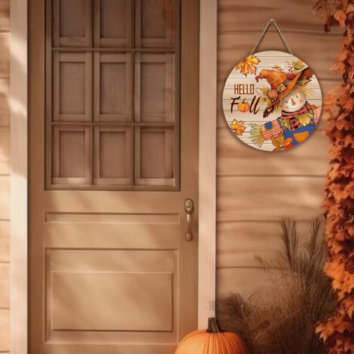 Hello Fall Scarecrow Wooden Door Sign - Autumn Decor 12x12