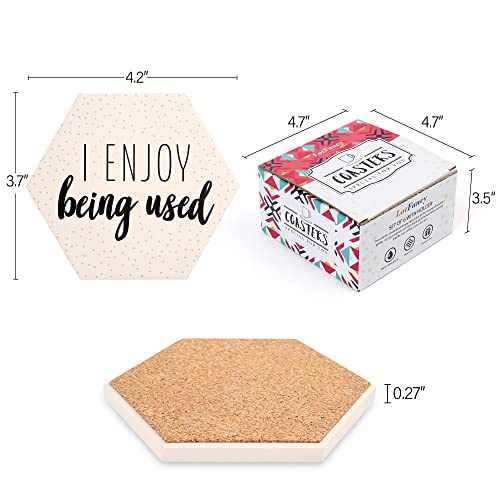 LotFancy Funny Hexagon Drink Coasters Set with Holder - 6PCS Ceramic