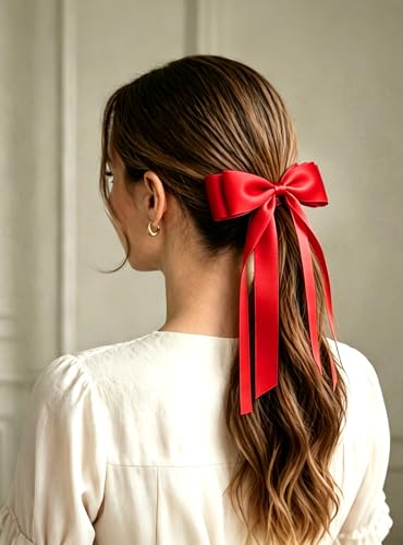 YunZh 6 Pairs Hair Bows for Women & Girls, Satin Ribbon with Long Tails, Black Beige White Red Purple Pink