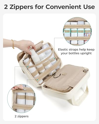 BAGSMART Puffy Hanging Toiletry Bag - Large Travel Makeup Organizer, Camel