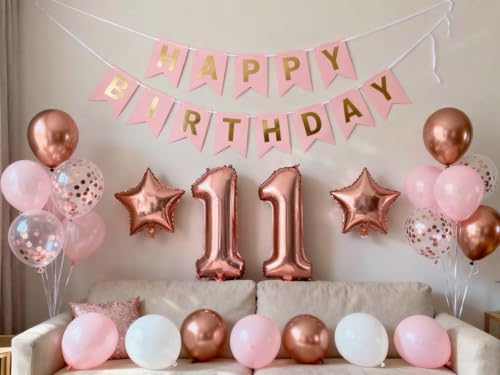 Rose Gold 11th Birthday Balloon Decorations Set for Girls