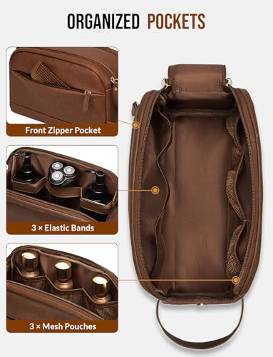 Celvetch Brown PU Leather Toiletry Bag for Men Medium Travel Organizer
