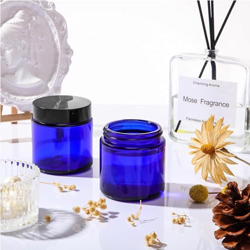 2 oz Blue Glass Cosmetic Jars with Lids - 12 Pack Refillable Containers