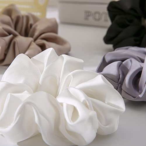 Helamvly 4 Pack Large White Silk Satin Scrunchies for Thick Hair - Handmade, Premium Quality