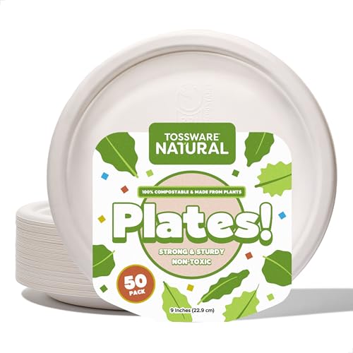 TOSSWARE 9" Compostable Round Paper Plates - Set of 50