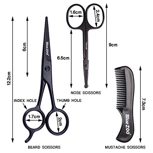 BlueZOO 3PCS Beard Mustache Nose Hair Scissors & Comb Kit