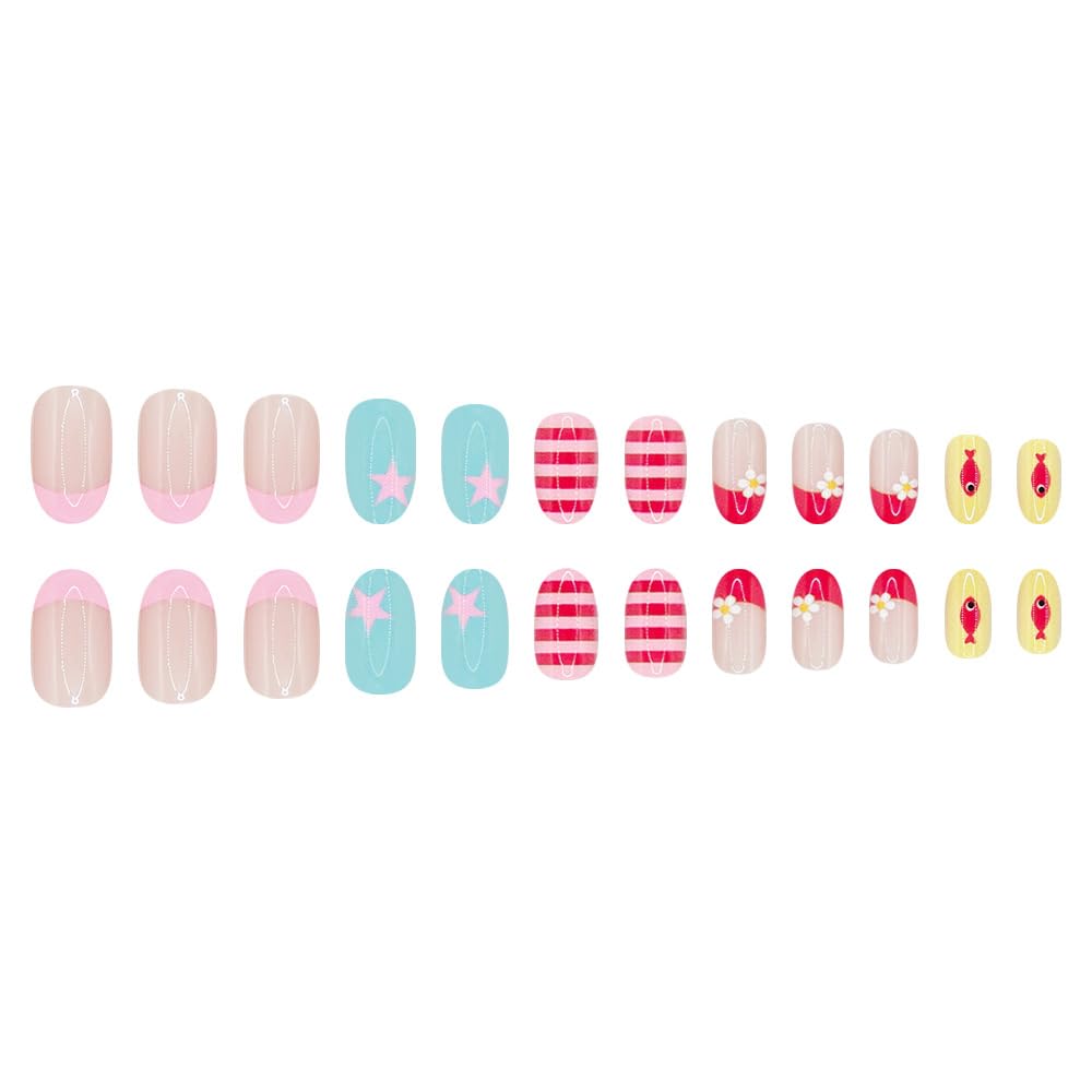Summer Press on Nails Medium Oval Fake Nails French Tip False Nail with Designs Striped | Cute Fish | Star | Flower,Cute Reusable Glue on Nail Full Cover Stick on Nails for Women Manicure 24Pcs
